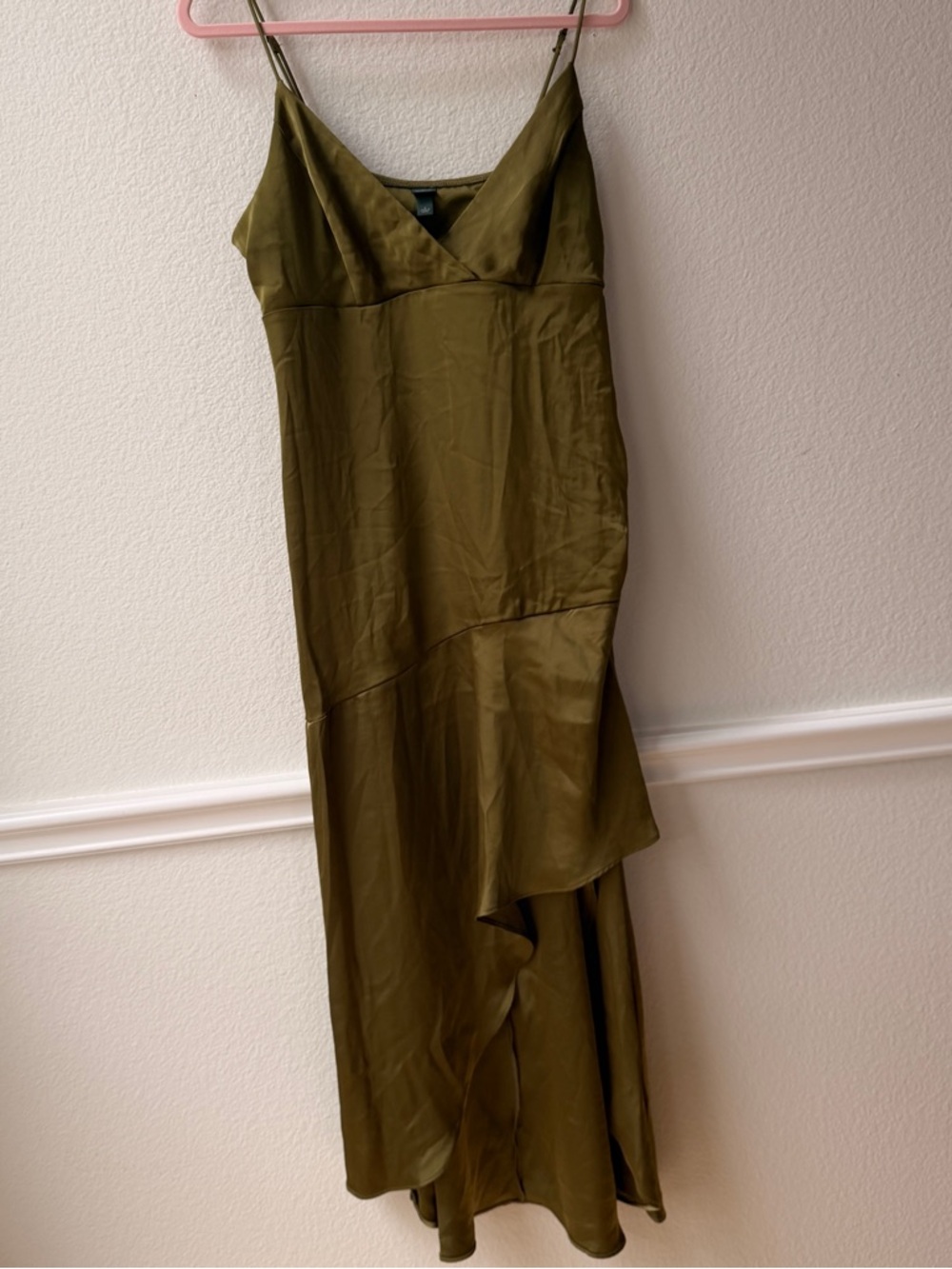 Wild Fable Olive Green Satin Midi Dress Fairy Whimsigoth Asymmetrical‎ Hem NWT L